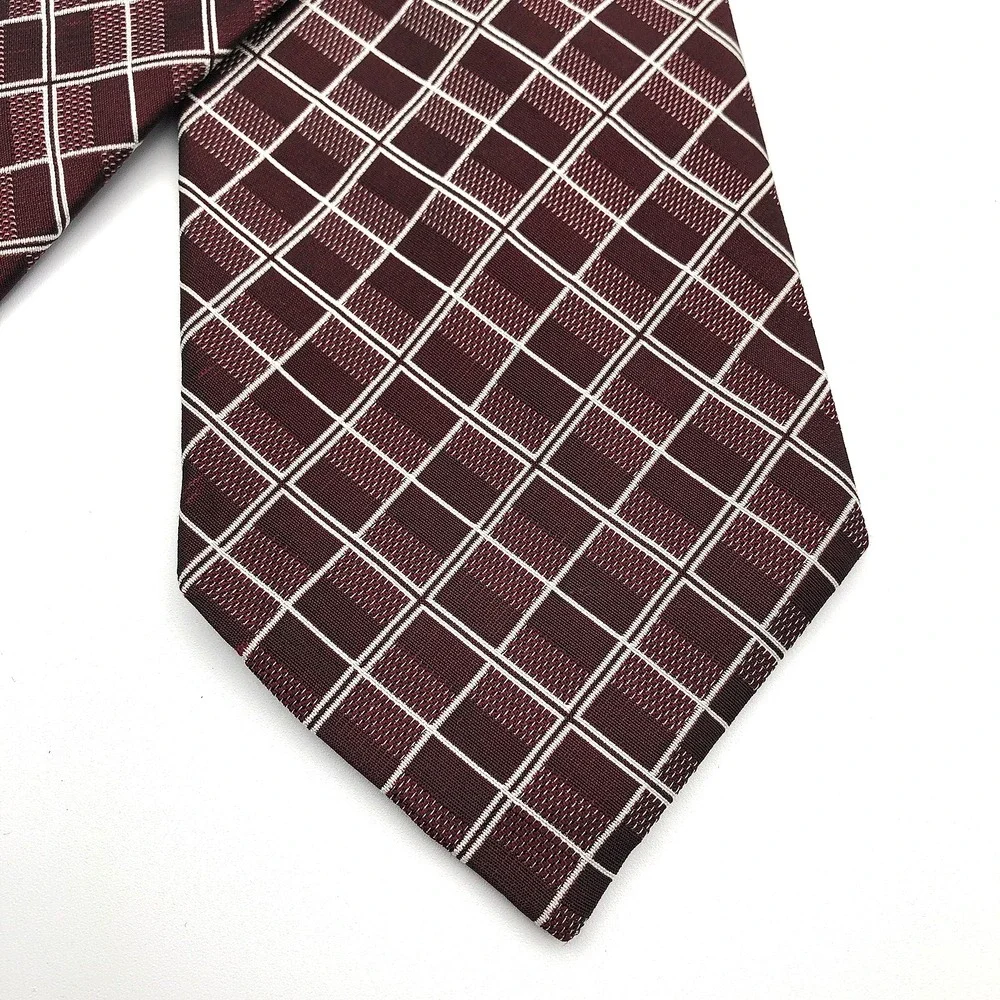 VTG Lauren Ralph Lauren Tie Burgundy Plaid Diamond 100% SILK Made USA Hand Finis